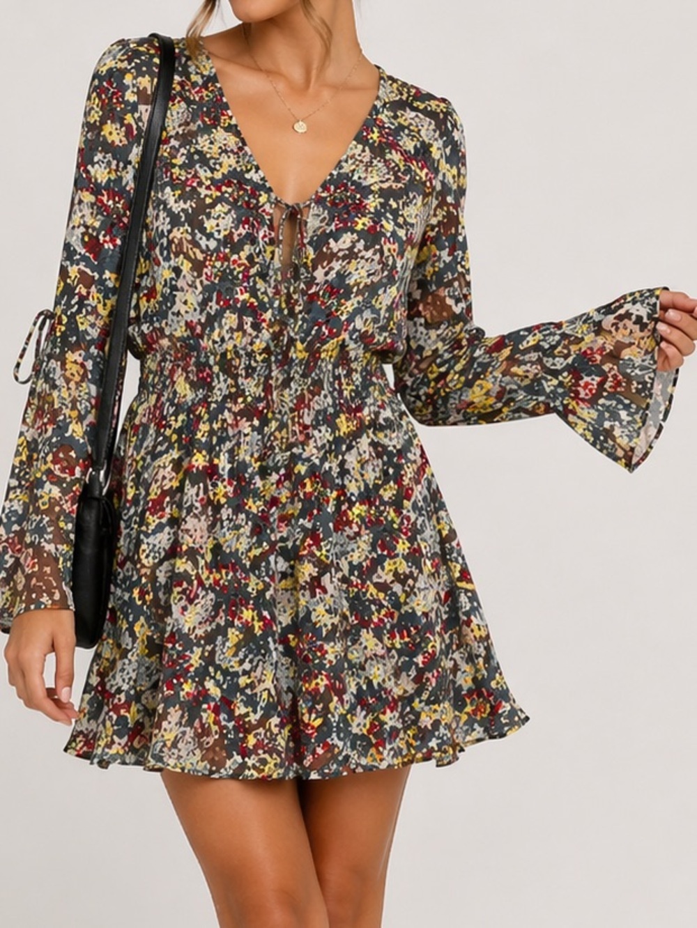 Parker Silk Mini Dress S Ditsy Floral Boho Tie Neck Bell Sleeve